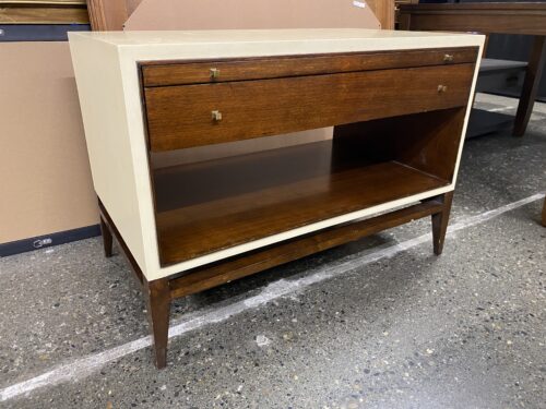 Cream & Walnut MCM Style Console Table w/ Pull Out Tray
