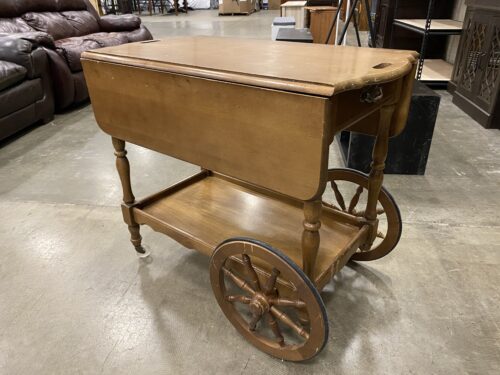 Vintage Wooden Drop Leaf Bar Cart with Wagon Wheels