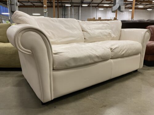 Vintage Ivory Leather Down Filled Plush 2 Seat Sofa
