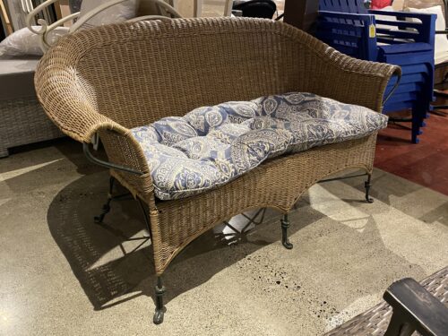 Wicker & Iron Patio Loveseat w/ Blue Patterned Cushion