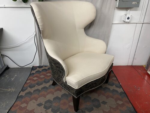 ETHAN ALLEN Beige Wing Back Arm Chair w/ Dark Grey Damask Back