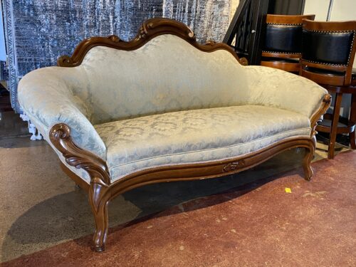 Vintage Victorian Camelback Settee w/ Damask Upholstery