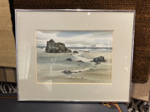 "Seagull's Rock" Washington Beach Scene Framed Watercolor by Marlene Marczewski