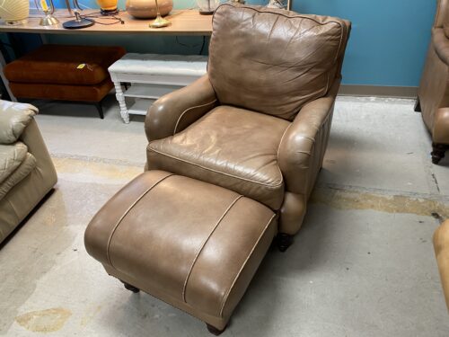 BARCALOUNGER Wayne Phillips Caramel Leather Armchair & Ottoman w/ Nailhead Trim