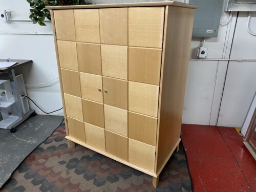 Blonde Lighted Computer Cabinet w/ Geometric Doors