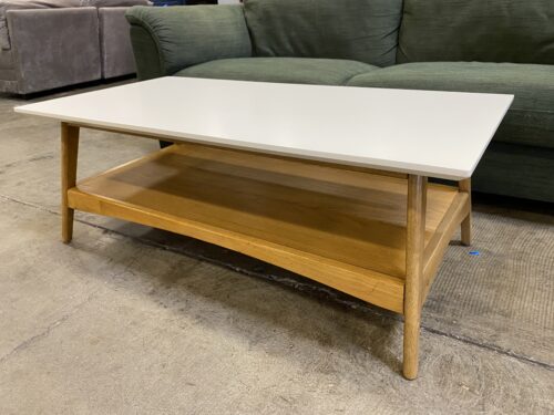 Mid-Century Modern 2 Tier Light Wood Coffee Table with White Top