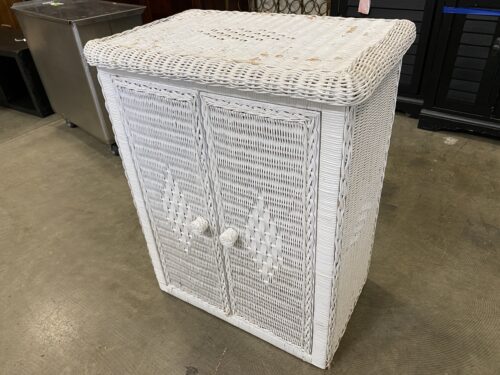 White Wicker 2 Shelf Cabinet with Woven Diamond Design