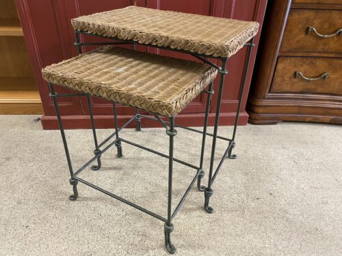 Blonde Wicker Top Nesting Table w/ Metal Legs (Set of 2)