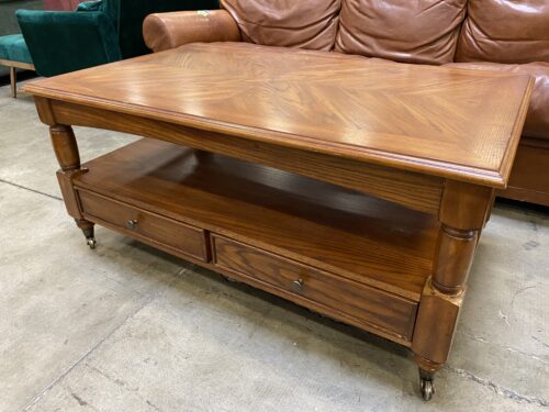 Wooden Marquetry Top 2 Tier Coffee Table with Dual Sided Drawers and Castors
