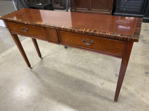 Wooden 2 Drawer Console Table with Burled Top and Castors