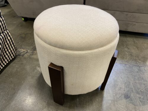 Round Cream Storage Footstool with Dark Wood Legs