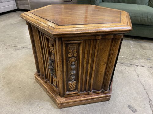 Wooden Hexagonal Side Table with Ornate Double Door Cabinet