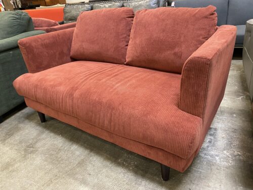 Brick Red Corduroy Loveseat with Dark Wood Legs