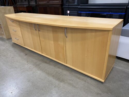 Danish Blonde Breakfront 3 Drawer Credenza with Silver Hardware and Cabinet Storage