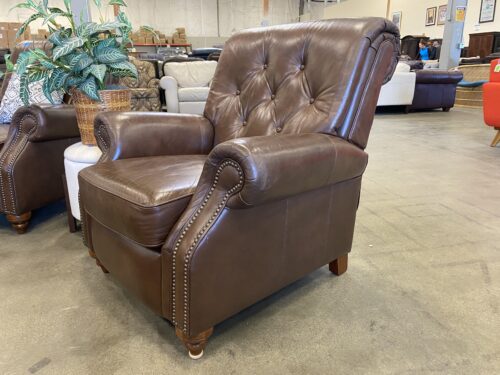 Brown Leather Tufted Push Back Recliner with Nailhead Detail