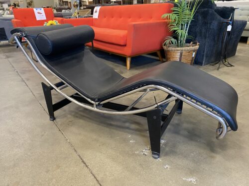 MCM Style Black Leather Abstract Lounger with Metal Base