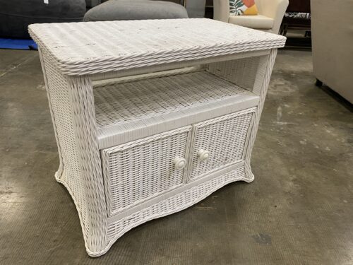 White Wicker Side Table with Cabinet