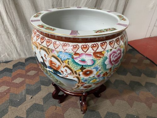 Peacock & Floral Painted  Porcelain Planter  w/ Wood Stand