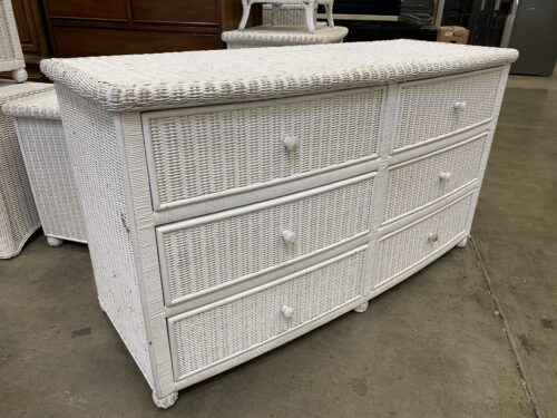 White Wicker Longboy 6 Drawer Dresser