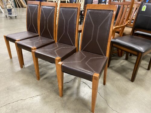 Wooden Dining Room Chairs with Brown Leather and Contrast Stitch Details