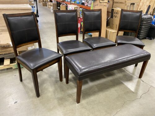 Dark Wood Dining Chair with Contrast Stitch Seats and Long Dining Bench (Set of 5)