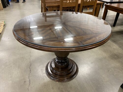 Geometric Parquetry Top Round Rustic Dining Table with Pedestal Base and Glass Top