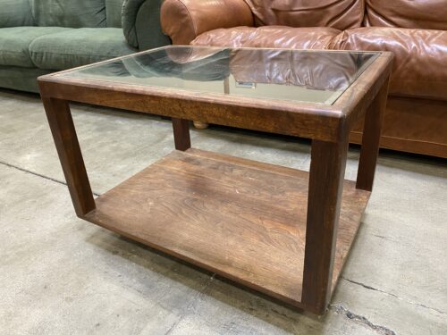 Wooden 2 Tier Open Frame Coffee Table with Pedestal Base and Glass Top
