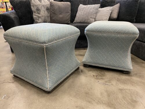 ETHAN ALLEN Cream and Turquoise Flared Ottoman with Silver Nailhead Trim (Set of 2)