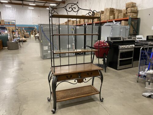 French Country Style Fruitwood and Wrought Iron 2 Drawer Bakers Rack with Rattan and Glass Shelves