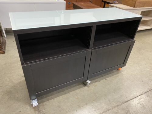 IKEA Besta Espresso Finished 2 Door Cabinet with Glass Top and Locking Castors
