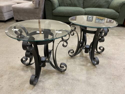 Glass Top Round End Table with Curled Black Wrought Iron Base (Set of 2)