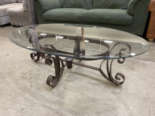 Glass Top Oval Coffee Table with Curled Brown Wrought Iron Base