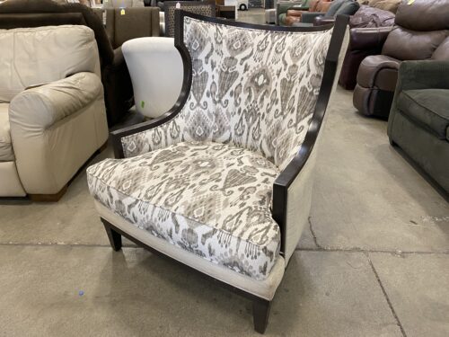 ETHAN ALLEN Dark Wood Wingback Armchair with Abstract Brown Design and "Featherblend" Cushion