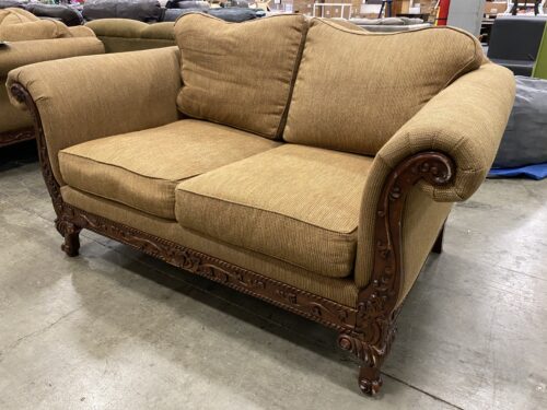 BASSETT Heathered Warm Brown Vintage Camelback Loveseat with Ornate Carved Wood Base