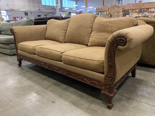 BASSETT Heathered Warm Brown Vintage Camelback 3 Seat Sofa with Ornate Carved Wood Base