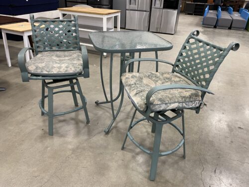 Tall Muted Teal Patio Set with Ripple Glass Top Table and 2 Swivel Chairs