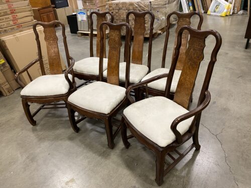 Chinoiserie Dining Chair with White Floral Cushion and Burl Wood Backs (Set of 6)