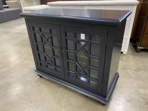 Navy Blue Media Cabinet with Geometric Design Glass Doors and Bun Feet