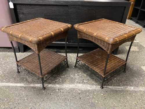 Dark Brown Square Wicker Side Table w/ Curly Black Metal Base (Set of 2)