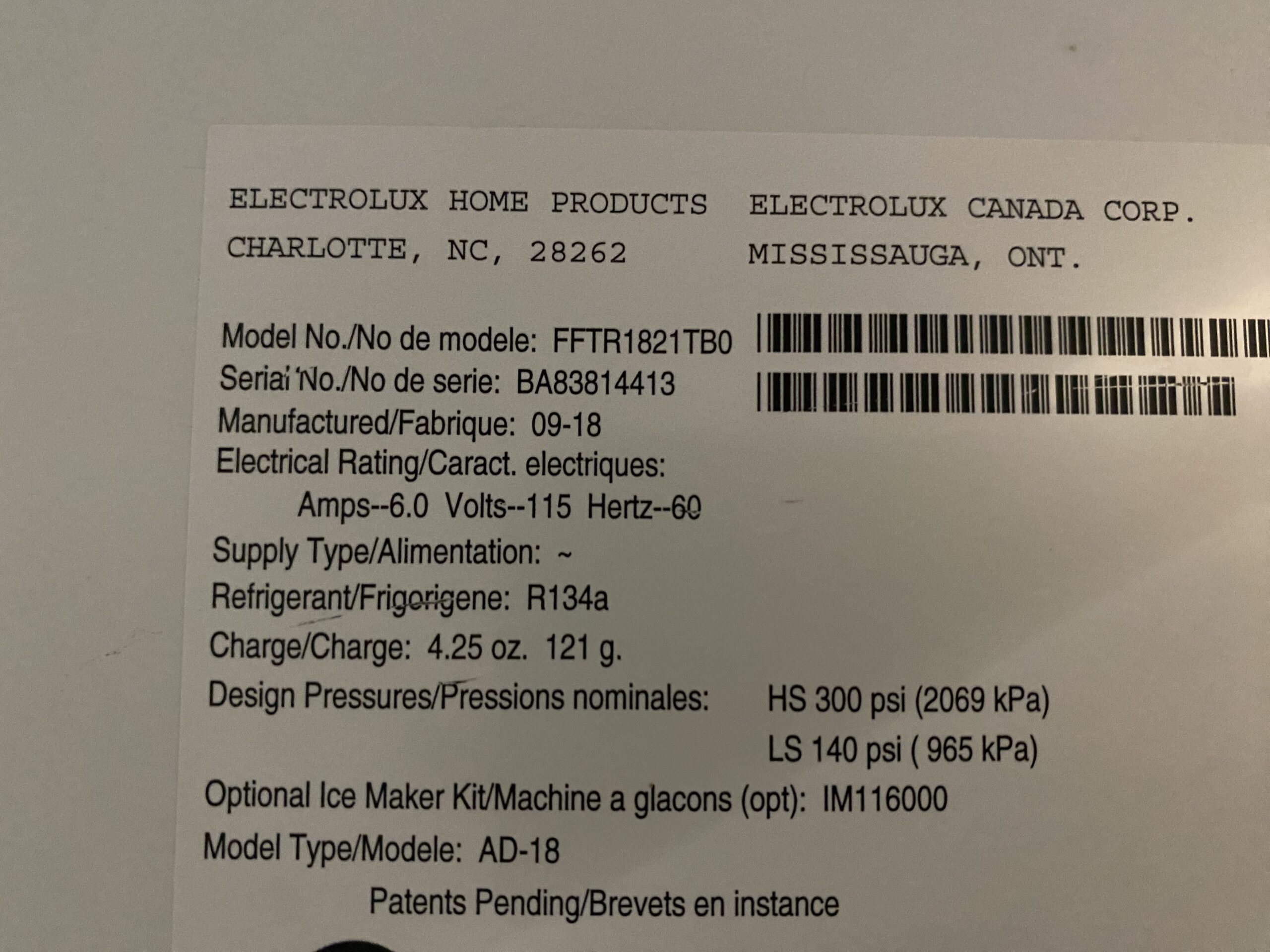 FRIGIDAIRE Black Top Freezer Refrigerator Model #FFTR1821TB0