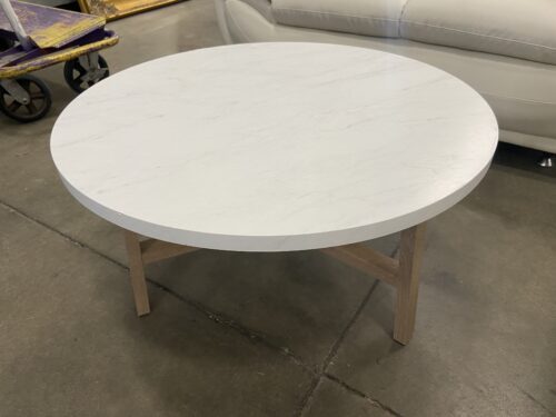 WALKER EDISON Round Trestle Base Coffee Table with Marble illusion Top