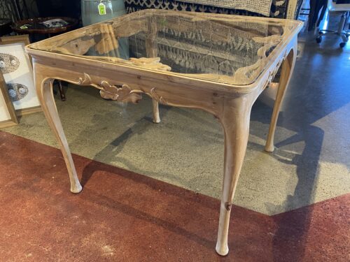 Charming Rustic Oak Leaf Glass Top Dining Table