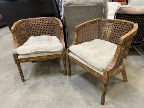 Wooden Horseshoe Style Cane Back Chair with Tufted Tweed Cushion (Set of 2)