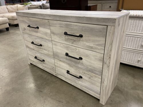 ASHLEY FURNITURE Rustic Grey Farmhouse 6 Drawer Lowboy Dresser with Black Rail Pulls