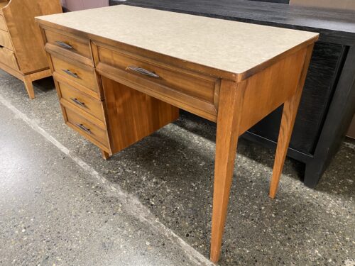 Vintage Mid Century Brown Finish Desk w/ Marble Pattern Veneer Top