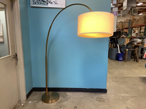 WEST ELM Overarching Floor Lamp in Antique Brass with Linen Shade and Floor Switch