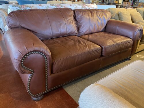 Burgundy Stud Trim Sofa w/ Bun Feet