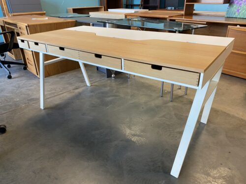 White and Light Wood 5 Drawer Desk with 3 Back Storage Compartments