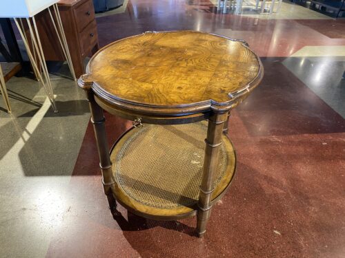 Burlwood Top Side Table with Caned Lower Shelf