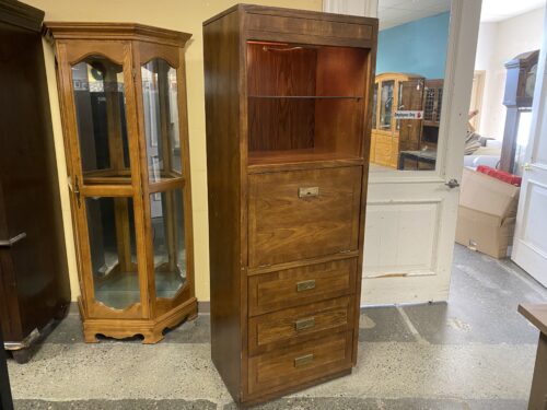 BASSETT Vintage Brown Campaign Style Lighted Cabinet w/ 3-Drawers